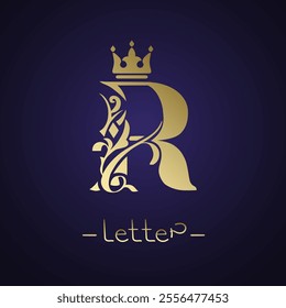 Letter R with crown and intricate floral elements. Artistic creativity logo design. Graceful gold royal style against a deep dark background. Perfect for branding, business card. Vector illustration