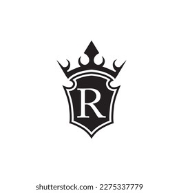 Logo negro del escudo de la corona de la letra R.