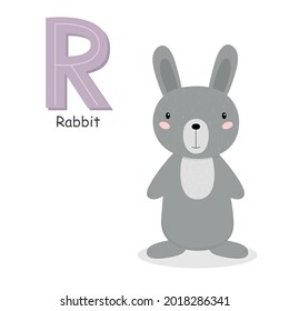 Letter R and a cute cartoon rabbit. Children's English alphabet. It is suitable for the design of postcards, books, leaflets, banners, birthday invitations. Colorful vector illustration