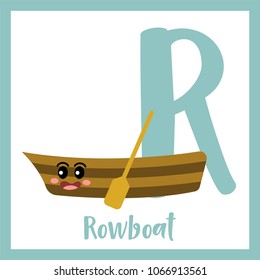 Letter R cute children colorful transportations ABC alphabet flashcard of Rowboat for kids learning English vocabulary Vector Illustration.