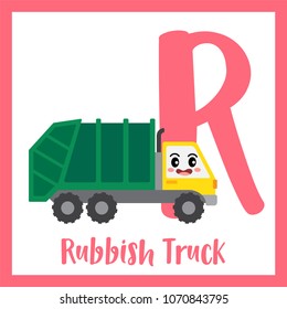 Letter R cute children colorful transportations ABC alphabet flashcard of Rubbish Truck for kids learning English vocabulary Vector Illustration.
