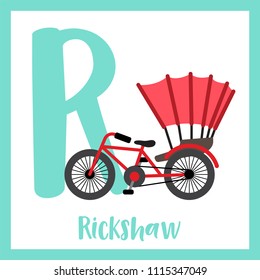Letter R cute children colorful transportations ABC alphabet flashcard of Rickshaw for kids learning English vocabulary Vector Illustration.
