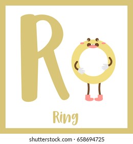 Letter R Cute Children Colorful Geometric Shapes Alphabet Flashcard Of Ring For Kids Learning English Vocabulary.