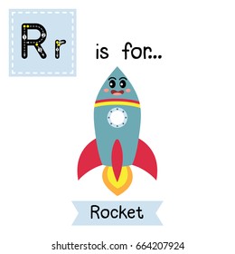 Letter R cute children colorful transportations ABC alphabet tracing flashcard of Rocket for kids learning English vocabulary Vector Illustration.