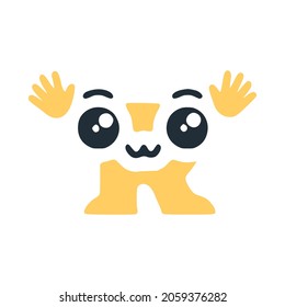 Letter R cute kawaii character with hands, funny emoticon vector clip art.