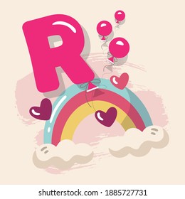 Letter R, cute Rainbow birthday illustration. 