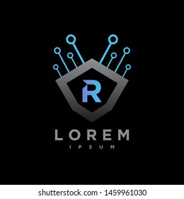Letter R Cyber, Security technology Logo Design Vector Template