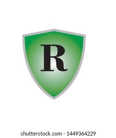 letter r with a dark green shield background