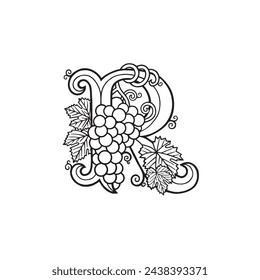 Letter R decorated with grape bunch and grapevines. Wine theme letter R hand dawn illustration.