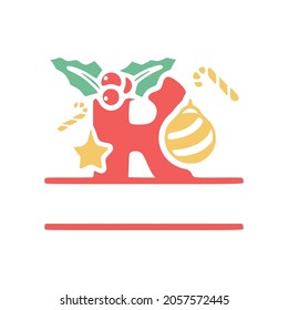 The letter R is decorated with mistletoe and Christmas elements, personalized monogram, vector logo, emblems or initial design.