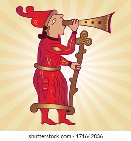 The letter R decorated. As it shows in an ancient early cyrillic alphabet. Spelled "Rzi", the meaning - "talk, speak". Depicts a herald with a horn and wand.