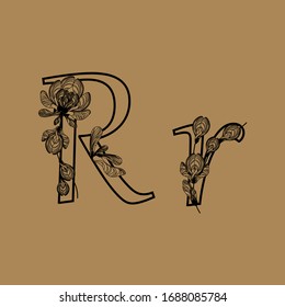 Letter R. Decorative font with floral ornaments from maple lionfish. Ecological typography