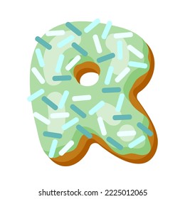 Letter r in donut font vector illustration. Design of alphabet letter from chocolate donut or cookie with icing. Food, dessert, typography concept for bakery or cafe