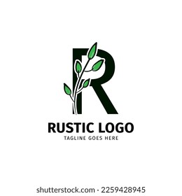 letter R doodle leaf initial rustic vector logo design element