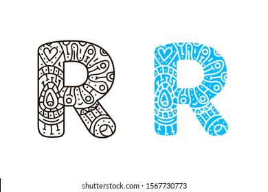 Letter R with doodle patterns in hand drawing style isolated on white background. Coloring and illustration vector in lines. For inscriptions, naming, alphabet for children, initials.