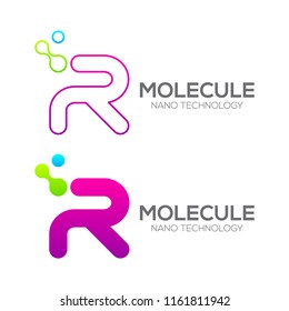 Letter R with Dot and Curve ,Circles shape connected, Molecule and Nano Technology logotype, innovation tech, Medicine, Science, Laboratory, Cosmetics