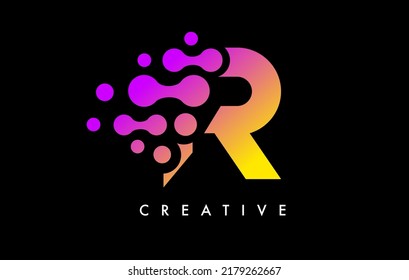 Letter R Dots Logo Design with Purple Yellow Colors on Black Background Vector. Bubbles Letter Logo Icon Vector Illustration