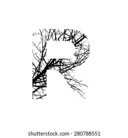Letter R double exposure with black tree isolated on white background.Vector  illustration.Black and white double exposure silhouette numbers combined with photograph of nature.Letters of the alphabet
