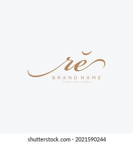 Letter R and E, RE gold Initial handwriting design logo template.