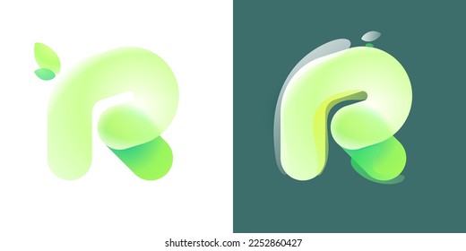 Letter R eco logo with green gradient and leaf in Glassmorphism style. Environment friendly icon made of overlapping parts. Perfect for agriculture art, waste recycling app, healthy food packaging.