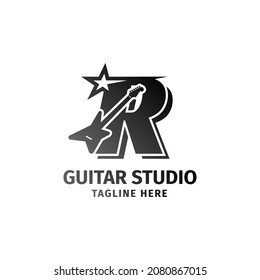 letter R electric guitar and star decoration vector logo design element