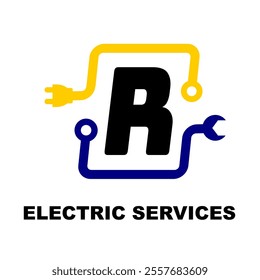 Letter R electric logo. Initial R electric service icon vector illustration design template. Electric Industrial with black blue yellow colour. Engineer Logo symbol