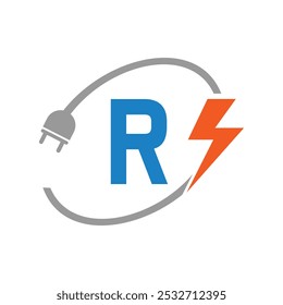 Letter R Electrical Logo Concept With Electric Plug and Power Symbol. Electric Logo Design