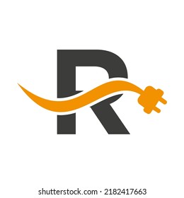 Letter R Electricity or Electrical Logo Concept with Electric Plug Vector Template