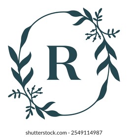 Letter R In Elegant Floral Oval Frame. Leafy Christmas Wreath. Vector  Illustration Isolated On White Background.