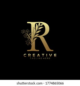 Letter R Elegant Gold  Beautiful Leaf Shape Logo Template