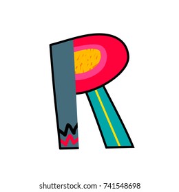 Letter R from english alphabet. Colorful logo template in modern geometric flat style and vector illustration, creative funny label design isolated on white background. Bright symbol clipart image.
