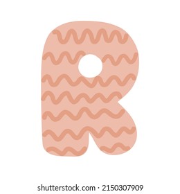 Letter R of English alphabet, doodle style decorated with simple abstract pattern vector illustration, cute funny decorative handwriting abc, handwritten font letters, lettering