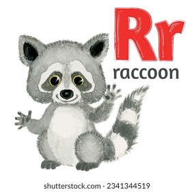 Letter R of the English alphabet with the image of a raccoon  in watercolor on a white background. Children's drawing.