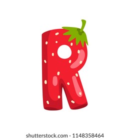 Letter R of English alphabet made from ripe fresh srawberry, bright red berry font vector Illustration on a white background