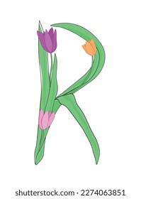 Letter R of English alphabet from tulip flowers, floral font for spring Mother's Day design
