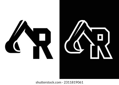 letter R with excavator concept black and white color, suitable for symbol, logo, company name, brand name, personal name, icon, identity and etc.