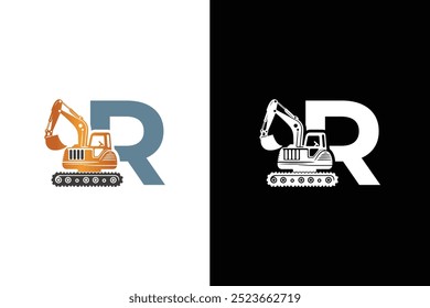 Letter R excavator logo template vector. Heavy equipment logo vector for construction company.