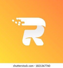 Letter R fast speed logo with checkered pixels pattern on the gradient background. Flat vector design can be used for delivery ads, technology poster, sport identity, etc.