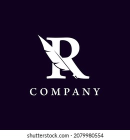 Letter R with Feather Quill Pen Notary Writer Journalist Logo Design Inspiration