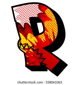 Letter R filled with comic book explosion, background.