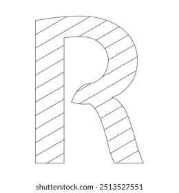 Letter R filled with diagonal stripes running from the top left to the bottom right corner. Kindergarten letter worksheets, coloring the letter R, with various colors as you wish.