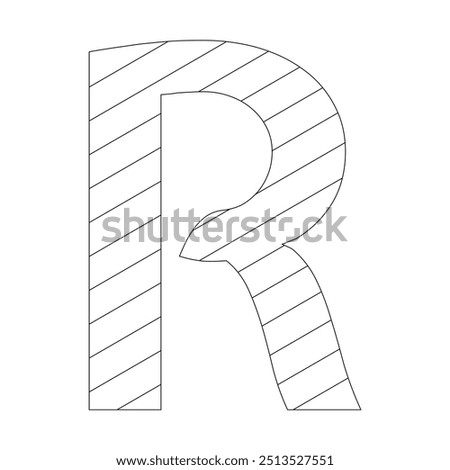 Letter R filled with diagonal stripes running from the top left to the bottom right corner. Kindergarten letter worksheets, coloring the letter R, with various colors as you wish.