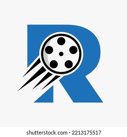 Letter R Film Logo Concept With Film Reel For Media Sign, Movie Director Symbol Vector Template