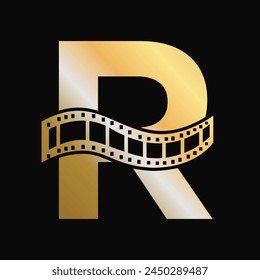 Letter R with Films Roll Symbol. Strip Film Logo For Movie Sign and Entertainment Concept