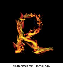 letter "R" fire or shades of horror, burning letters. Latin fonts from fire, collection of fonts. fire for creative business logos and GAME.