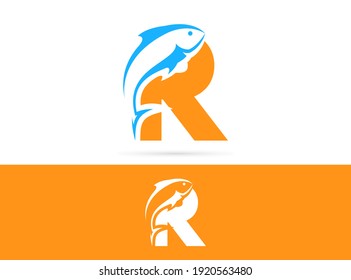 Letter R fish logo design. Vector combination of animals and letter