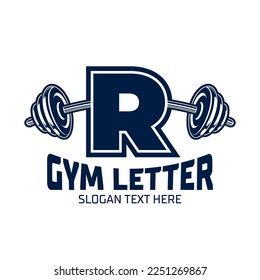 Letter R Fitness Gym logo design template, design for gym and fitness club, barbell icon