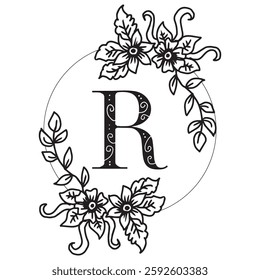 Letter R with floral frame, monochrome vector illustration graphic design