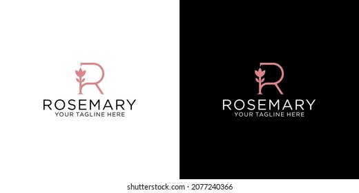 letter R and floral initials logo design in luxury line style