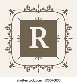 The letter R. Flourishes calligraphic monogram emblem template. Luxury elegant frame ornament line logo design vector illustration. Example designs for Cafe, Hotel, Heraldic, Restaurant, Boutique